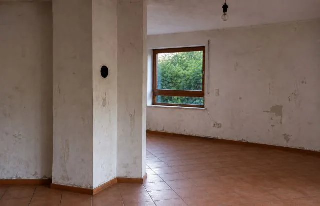 Vorher: fleckige, abgeplatzte Wand vor der Renovierung