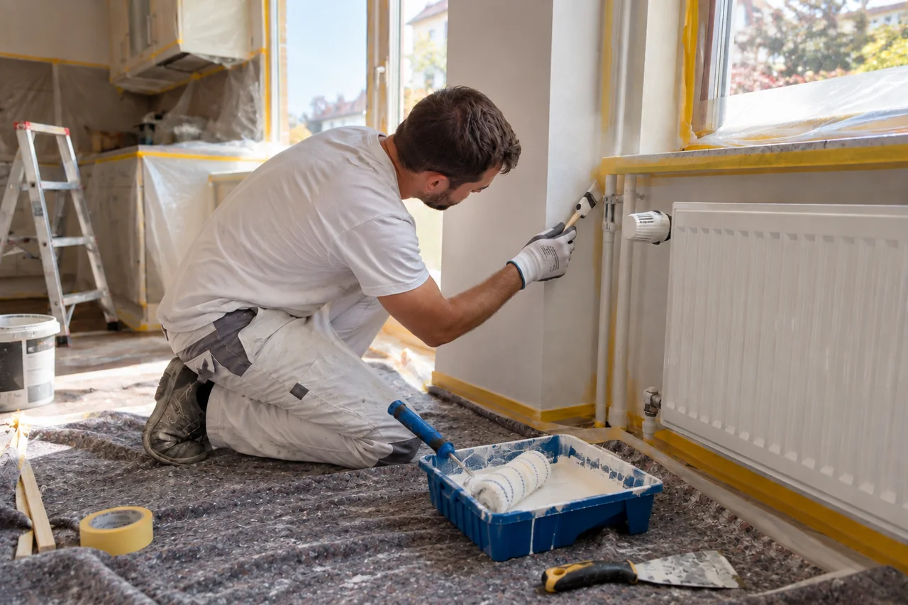 Malerarbeiten in Sindelfingen: Handwerker streicht Ecken und Heizungsrohre in einem vorbereiteten Zimmer
