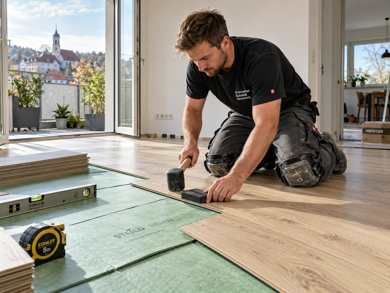 Renovierung in Herrenberg: Handwerker verlegt Klick-Laminat auf Trittschalldämmung