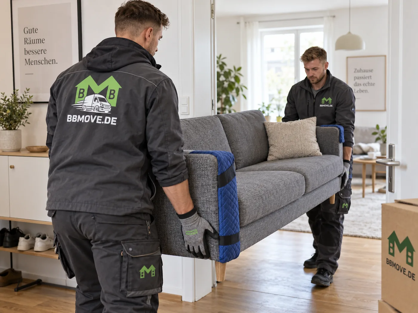 Sofa sicher transportieren: Zwei professionelle Umzugshelfer tragen ein Sofa durch die Wohnungstür