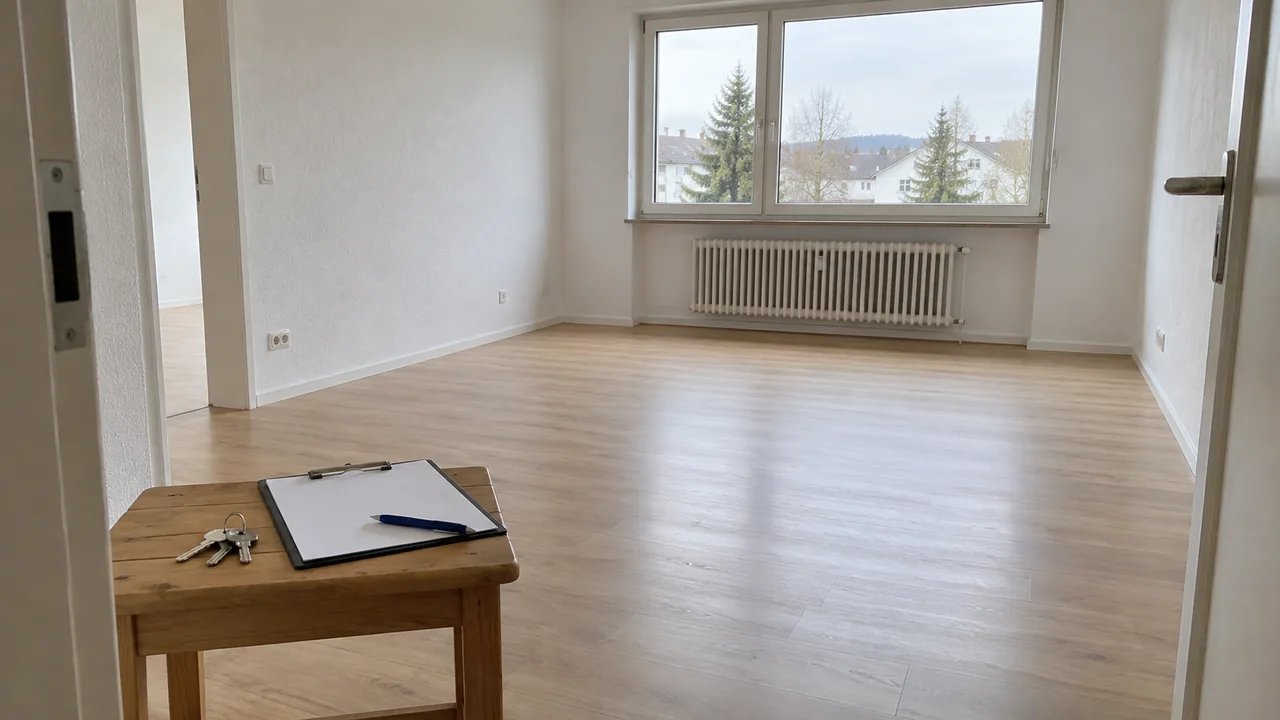 Wohnungsübergabe vorbereiten: leere, saubere Wohnung mit Schlüsselbund und Übergabeprotokoll